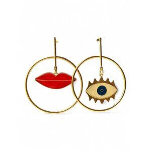 Mismatched Hoop Earrings Enameled Eye Red Lips